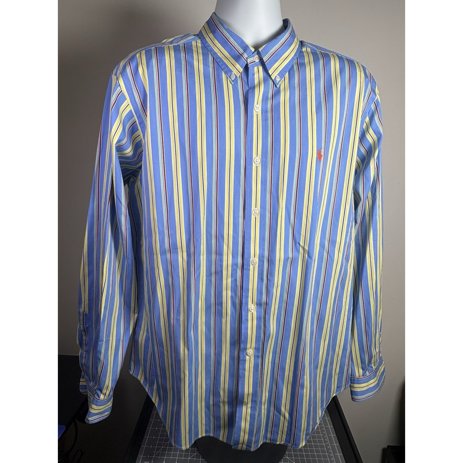 Ralph Lauren Classic Fit Mens Xl Striped Button Down Shirt Blue Yellow Multi